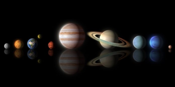 planets of the solar system isolated on black Himmelskörper des Sonnensystems: