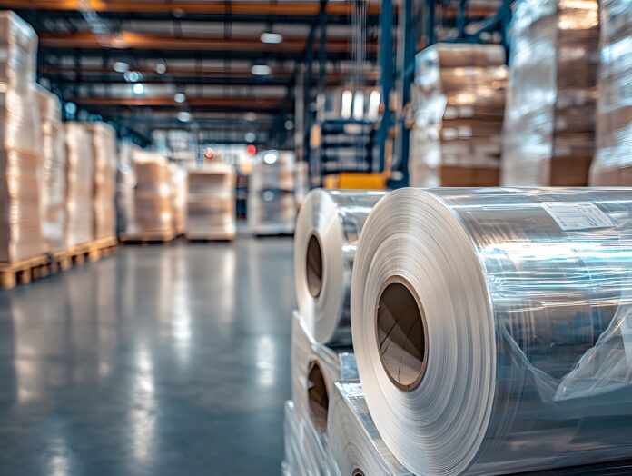 Sealable film rolls for glass and plastic packaging production in a warehouse, an industrial background with pallets of printed materials
