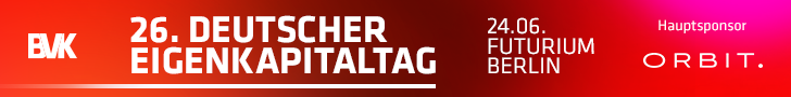 Banner von BVK, der über den deutschen Eigenkapitaltag informiert, der am 24. Juni 2025 im Futurium in Berlin stattfindet. Der Hauptsponsor "Orbit" wird erwähnt.