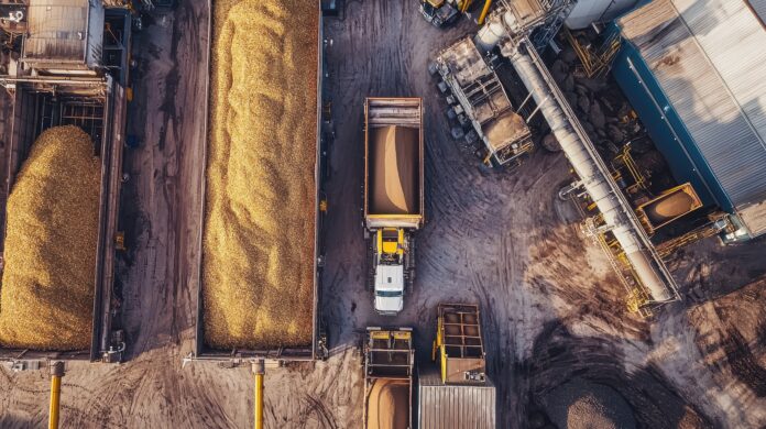 Aerial View of Agricultural Production Yard with Trucks Loading Grain and Bulk Materials Surrounded by Storage Silos and Machinery in Industrial Setting VR Equitypartner unterstützt die Greiwing-Gruppe mit Mezzanine-Finanzierung, um ihre Kapitalbasis zu stärken und Wachstum zu fördern.