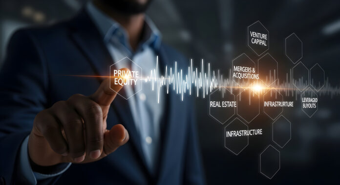 Businessman interacting with financial data analysis, visualizing private equity investment strategies