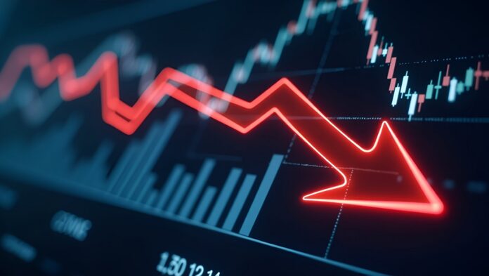 Stock Market Decline: Professional Image of Red Arrow Graph Overlaying Stock Value Drop Chart with Market Indices - Focus on Downward Movement Iconography and Empty Space for Customization Der Argos Index® ist im dritten Quartal 2025 um 5,4 % gefallen. So tief stand der Index seit Anfang 2017 nicht mehr.