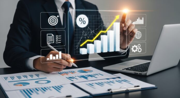 Businessman analyzing profit and quality management concepts long term cost planning, product quality, budgeting, financial forecasting, and company revenue and expense projections.