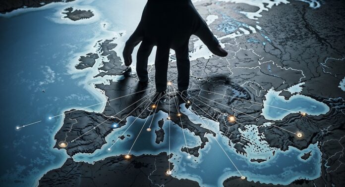 Dark silhouette hand reaching toward European continent map suggesting political manipulation or corporate control over regional territories and governance Die Transaktion markiert einen wichtigen Schritt im internationalen Ausbau der Verpackungsaktivitäten von Grenadier Holdings.