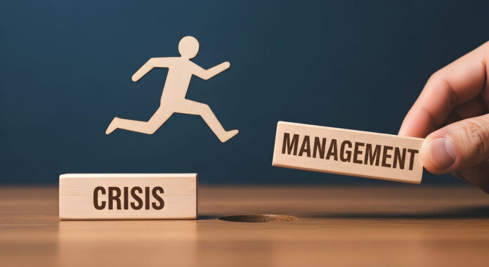 Wooden figure jumps from crisis to management symbolizing overcoming challenges and effective leadership in business strategy and problem solving highlighting success Nicht jeder kriminelle Angriff lässt sich verhindern. Umso wichtiger ist ein funktionierendes Notfallmanagement
