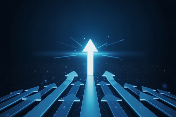 Stunning blue arrows pointing upward toward success and visionary leadership, perfect for business growth strategies and achieving goals, go beyond the rest