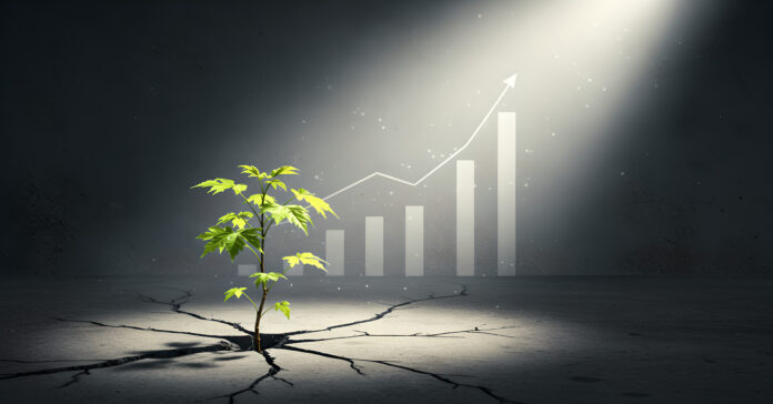 Resilient Plant Growth Through Cracks, Financial Progress Chart Background, Business Success Concept