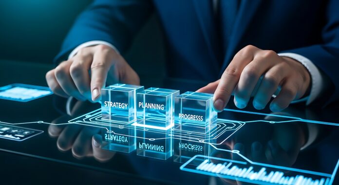 Businessman hands arranging glowing glass cubes with strategy planning and progress labels on a futuristic digital interface for corporate success