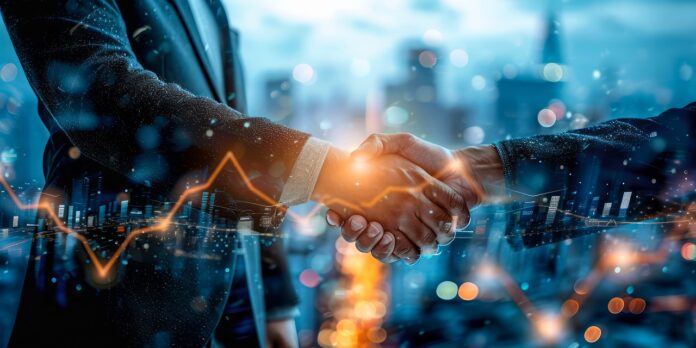 Successful business merger handshake with upward graphs symbolizing growth and teamwork in a corporate cityscape