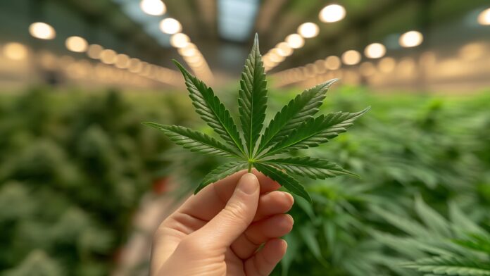 Nahaufnahme einer Hand, die ein Cannabisblatt hält, mit unscharfer Cannabis Plantage im Hintergrund, Konzept für den legalen Anbau von Marihuana