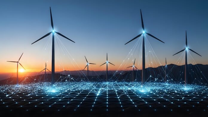 Wind turbines generating renewable energy at sunset with digital grid overlay representing smart technology integration and sustainable power solutions. Windenergiebranche im Fokus: Vidia beteiligt sich an anemos im Rahmen einer Nachfolgelösung und fördert Digitalisierung und Wachstum.