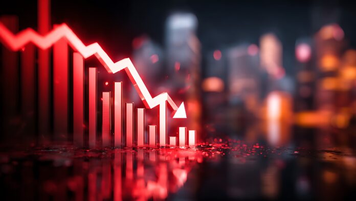 Financial market crash with red downward arrow and graphs indicating global economic recession and business investment losses on digital screen. Finanzierungsspielraum für den Mittelstand: Liquidität sichern und Investitionen trotz Regulierung und Kostendruck ermöglichen.