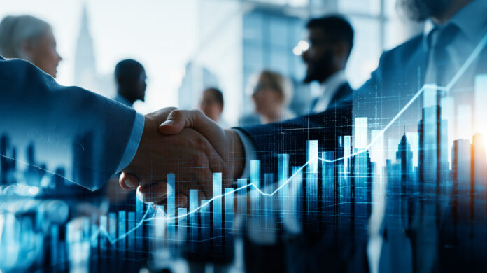 Corporate handshake in Office: A moment of agreement and success is captured in an office environment, featuring the handshake of two business individuals in a strategic deal. Unternehmen im Mittelstand: Nachfolge und Wachstum erfordern neue Finanzierungslösungen, Private Equity und strukturelle Transformation.