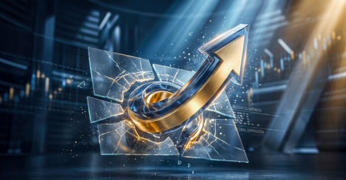Golden arrow breaking through glass financial growth success business profit upward trend stock strategy investment wealth trading economy achievement concept background render