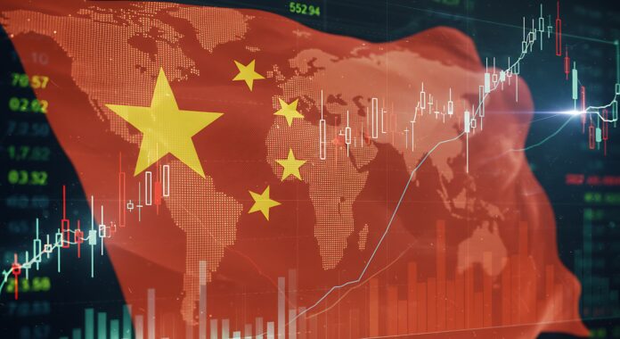 Chinas flag overlaying world map and stock market data graphics