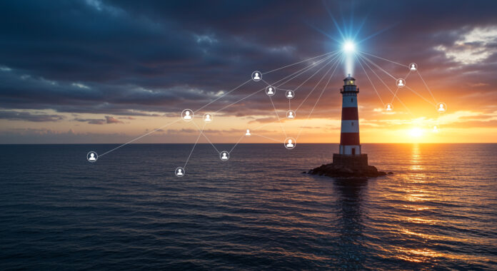 International Client’s Day lighthouse guiding global client network at sunset, business leadership connection concept, corporate partnership communication success