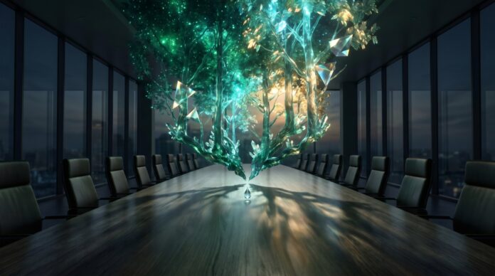 Futuristic boardroom with glowing digital tree representing sustainable corporate growth and green energy technology