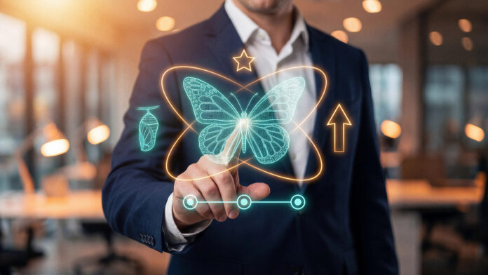 Business transformation concept evolving from cocoon to butterfly through innovation strategic growth and personal development for corporate reinvention and successful career breakthrough