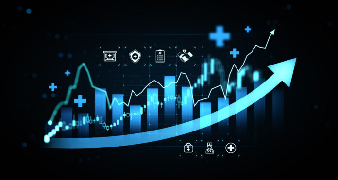 Healthcare financial growth chart with glowing medical icons and rising arrow on dark digital background highlighting economic progress. 3D Rendering