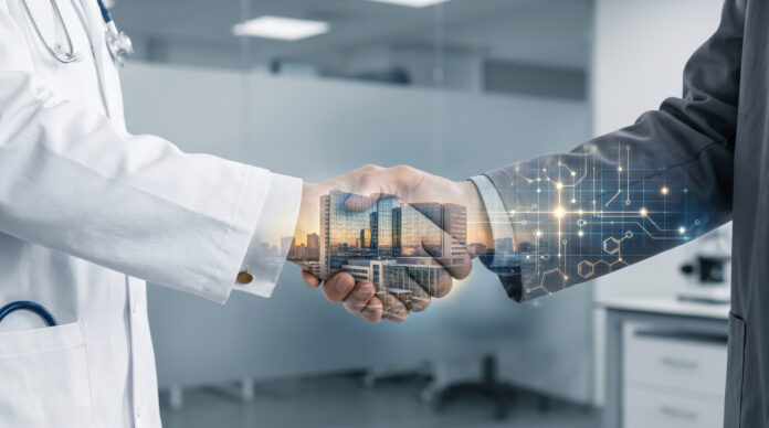 Healthcare innovation alliance concept handshake cooperation futuristic city double exposure partnership trust medical technology agreement success vision