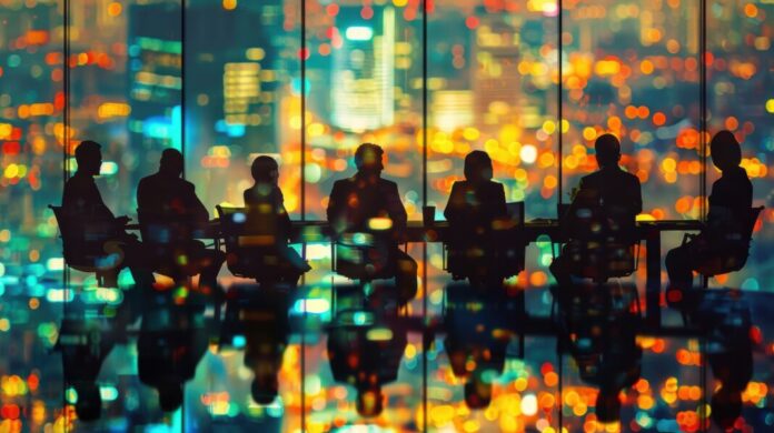 Business meeting with cityscape overlay, group of professionals in a conference, concept of teamwork, partnership, and successful business deal