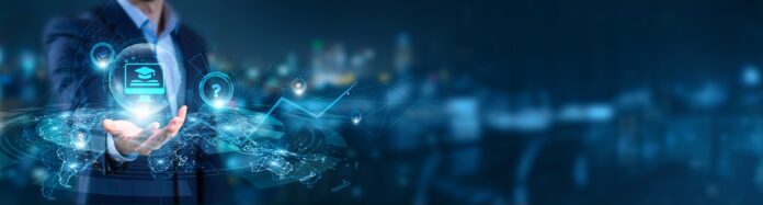 Businessman hand hold of E-Learning and global networking. virtual classroom platforms, interactive training tools, learning management systems, AI-driven education analytics