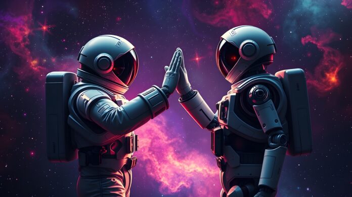 Astronaut high-fiving robot partner in space success