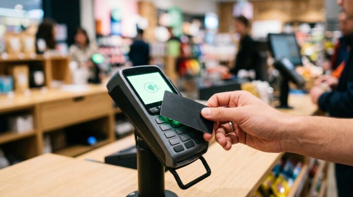 Customer making a secure contactless payment with a credit card at a retail store checkout terminal, showcasing modern efficient digital transaction technology Kartengeschäft wird von Atruvia, DZ Bank und VR Payment neu geordnet und mit einer integrierten Kartenplattform zukunftssicher aufgestellt.
