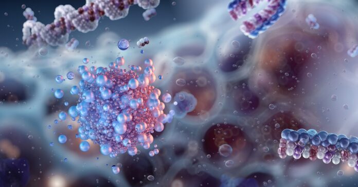Lipid nanoparticle system: targeted drug delivery mechanism. Polymeric vesicles and molecular chains, advanced drug transport mechanisms enabling controlled release. Nanomedicine, oncology medicine