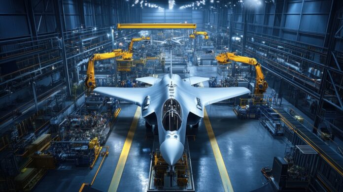 Modern jet aircraft assembly line. Advanced robotic arms work on a fighter jet in a large hangar. High-tech manufacturing facility