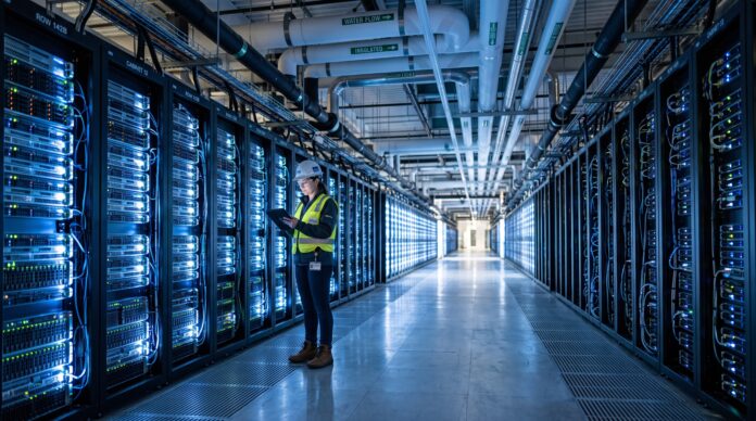 A data center worker reviews a tablet while standing in a long, clinically cool aisle of towering server racks illuminated by bright blue LED lights.