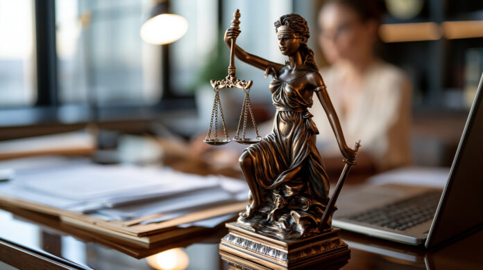 Statue of justice on a lawyer's desk beside legal documents and a laptop, modern legal office scene with polished desk surfaces, shallow depth of field and subtle background blur, showing
