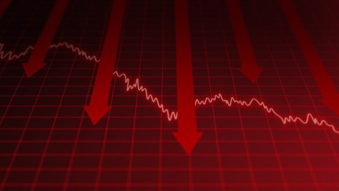 Financial crisis chart, red line arrow graph falling with downward arrow symbolizing stock market crash, economic recession, and global investment collapse