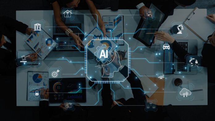 Aerial View of Business Meeting with Artificial Intelligence Concepts and Data Analytics Graphics, Collaborating Professionals in Modern Office Environment. Raster